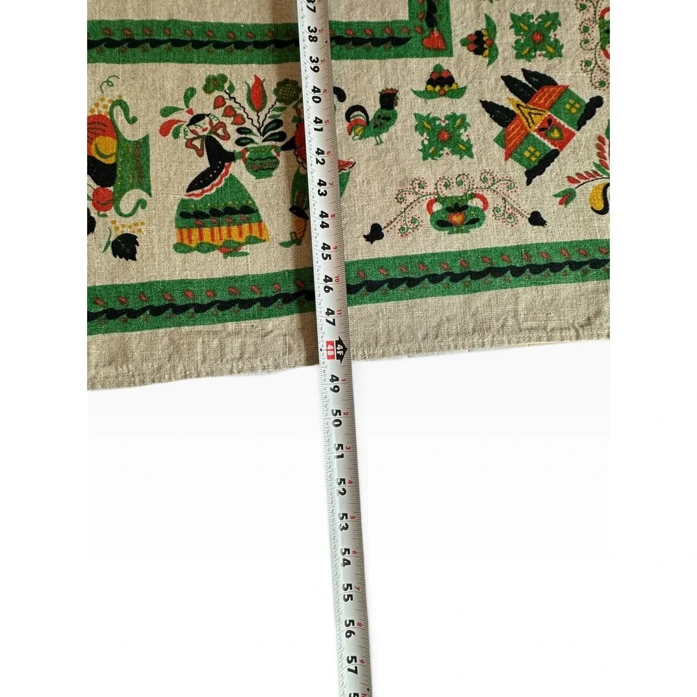 Vintage Scandinavian Folk Art Linen Blend Tablecloth 48x48 Beige Green Red